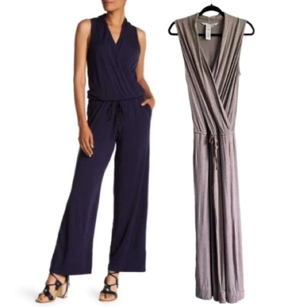 Max Studio Tan Women's Sleeveless Wide Leg Surplice Neck Jumpsuit size medium